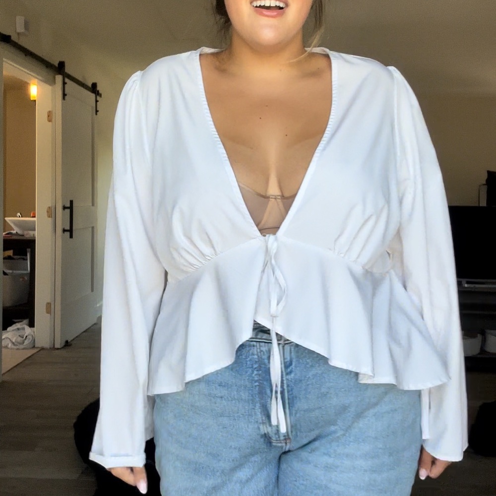 White Bell Sleeve Tie Shirt